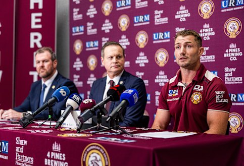 Manly CEO Jason King (left) with owner Scott Penn and interim coach Kieran Foran.