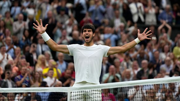 Spain’s Carlos Alcaraz celebrates after beating Russia’s Daniil Medvedev to win their men’s singles semi-final match.