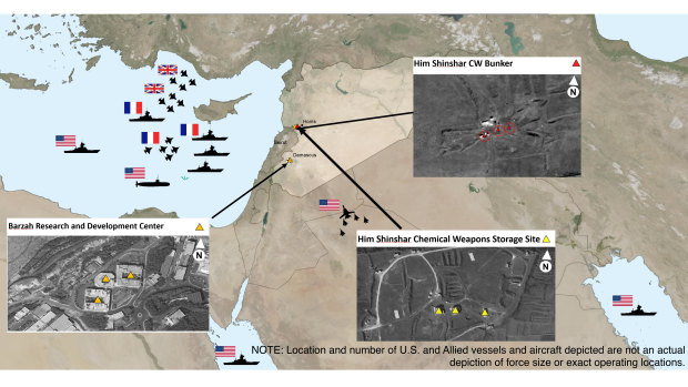 This image provided by the US Department of Defence was presented at the Pentagon briefing on Saturday, April 14, 2018, and shows areas targeted in Syria by the U.S.-led coalition in response to Syria's use of chemical weapons on April 7. 