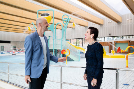 Project designer Andrew Burges and Sydney lord mayor Clover Moore beside the water-play area.