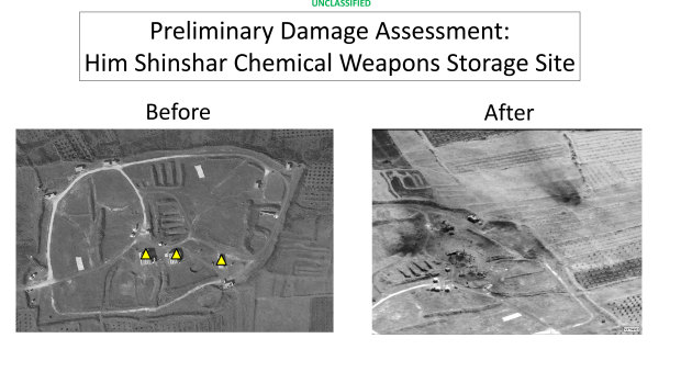 Before and after images from the Him Shinshar Chemical Weapons Storage Site in Syria that was struck by missiles from the US-led coalition.