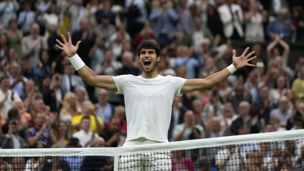 Spain’s Carlos Alcaraz celebrates after beating Russia’s Daniil Medvedev to win their men’s singles semi-final match.