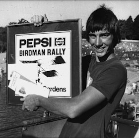 Winner of today’s Birdman rally competition at Cattai was Robert White of Allambie Heights flying 11 meters in his white monoplane before ditching in the water. March 5, 1978.