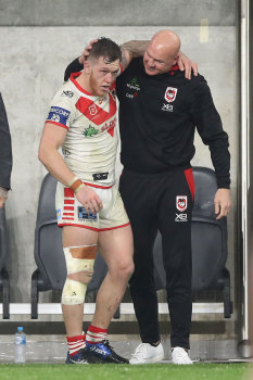 Cam McInnes and Paul McGregor after McGregor's final game as Dragons coach.