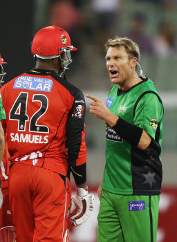 Warne clashes with Marlon Samuels.