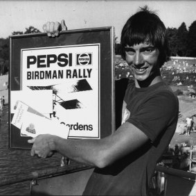 Winner of today’s Birdman rally competition at Cattai was Robert White of Allambie Heights flying 11 meters in his white monoplane before ditching in the water. March 5, 1978.