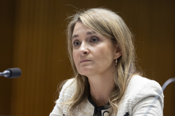 Former Optus chief executive Kelly Bayer Rosmarin during a Senate hearing last year. She resigned three days later. 