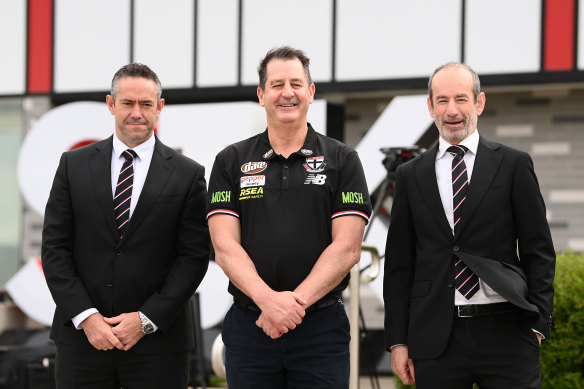 St Kilda coach Ross Lyon with Saints chief executive Simon Lethlean (left) and president Andrew Bassat.