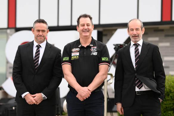 New coach Ross Lyon alongside CEO Simon Lethlean and president Andrew Bassat