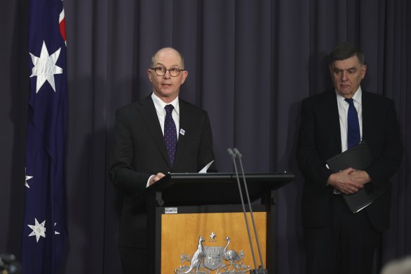 Chief Medical Officer Professor Paul Kelly and Secretary of the Department of Health Professor Brendan Murphy during the press conference on Thursday.