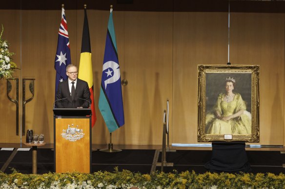 Prime Minister Anthony Albanese speaks during the Queen’s national memorial service.