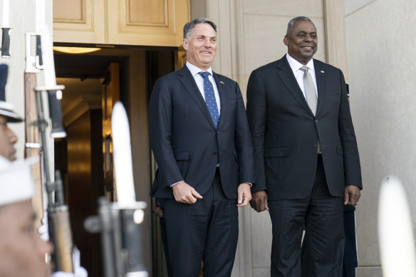 Defence Minister Richard Marles, left, and US Secretary of Defence Lloyd Austin meet outside the Pentagon.