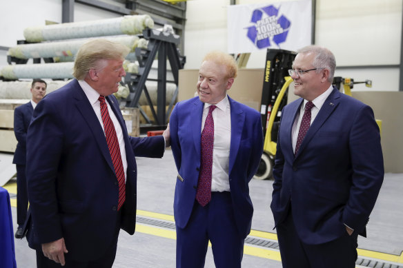 Trump and Morrison during the 2019 visit with Australian businessman Anthony Pratt at his box factory in the US state of Ohio.