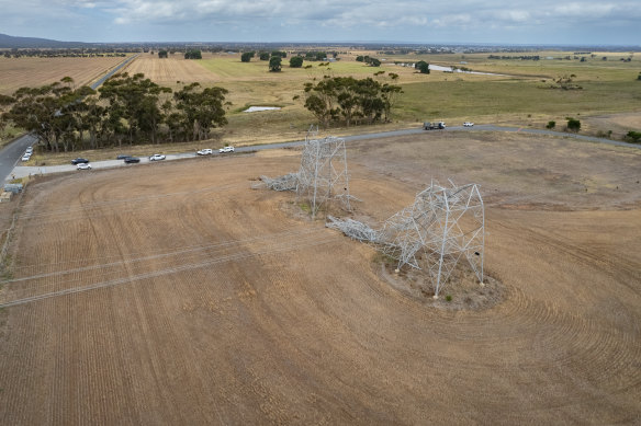 Transmission pylons near Geelong that were brought down by strong winds on Tuesday afternoon.