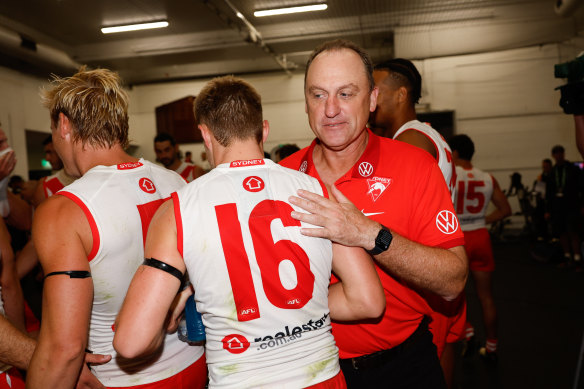 Swans coach John Longmire congratulates Braeden Campbell after Friday night’s victory over Collingwood.