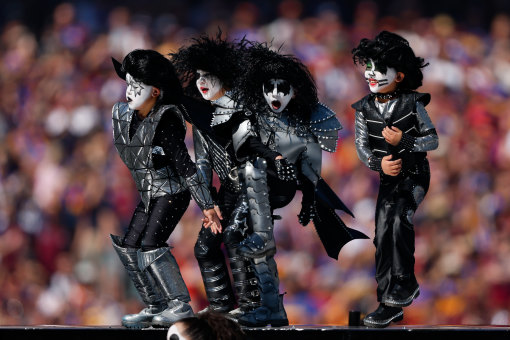 Cuban, Quba, Isaiah and Elias (from left to right) performed with Kiss at the MCG on Saturday.