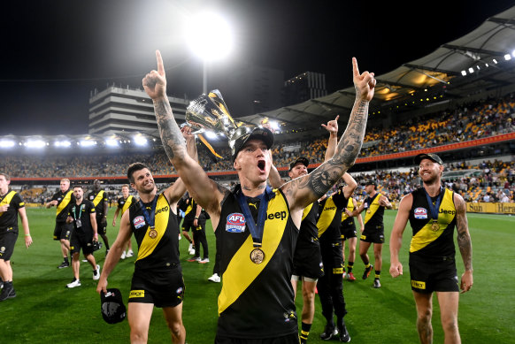 Richmond celebrate their 2020 title at the Gabba. 