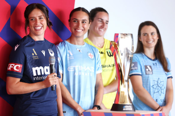 Melbourne Victory captain Kayla Morrison, Melbourne City captain Emma Checker, Western United vice-captain Hillary Beall and Sydney FC captain Natalie Tobin at the A-League Women’s finals series launch.