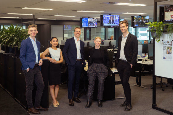 The Herald’s new trainees: Anthony Segaert, Millie Muroi, Angus Thomson, Billie Eder and Angus Dalton at the Herald’s office in North Sydney.