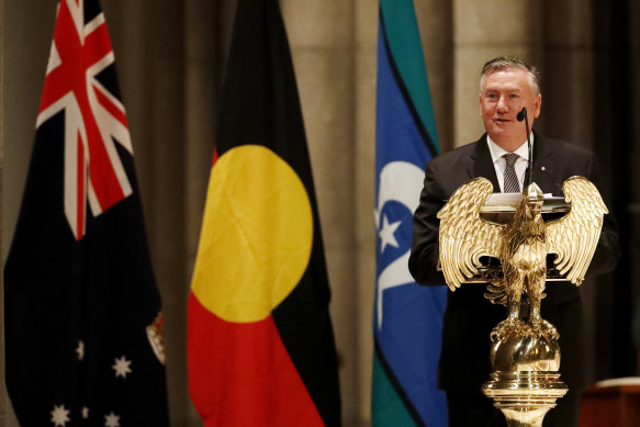 Eddie McGuire giving a eulogy at Bert Newton’s state funeral on Friday.