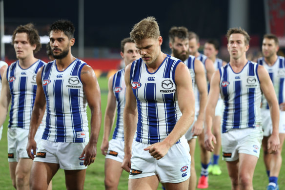 The Roos leave the field after a comprehensive loss to Richmond.