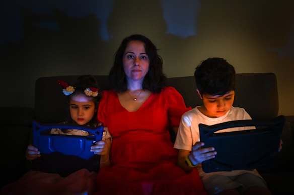 Emilia Rossi with her children, Olympia and Hercule.