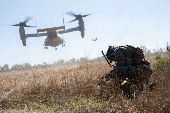 An Osprey aircraft during a training drill in 2022