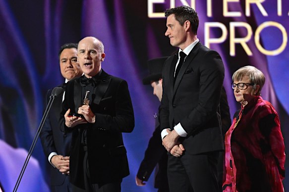 Sam Pang, Tom Gleisner and Ed Kavalee accept the Logie Award for the best comedy entertainment program.