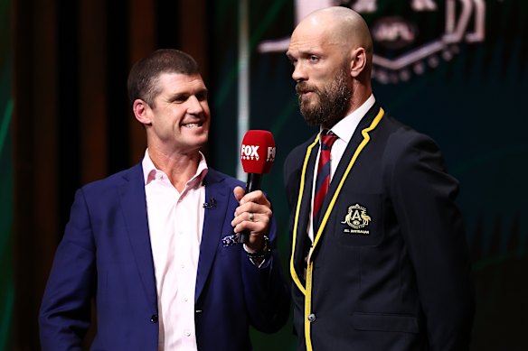 Jonathan Brown interviews Max Gawn in one of the moments of the night at Centrepiece at Melbourne Park.