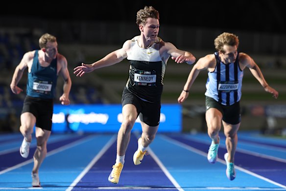 Lachlan Kennedy wins the 100m final at the Australian Athletics Championships.