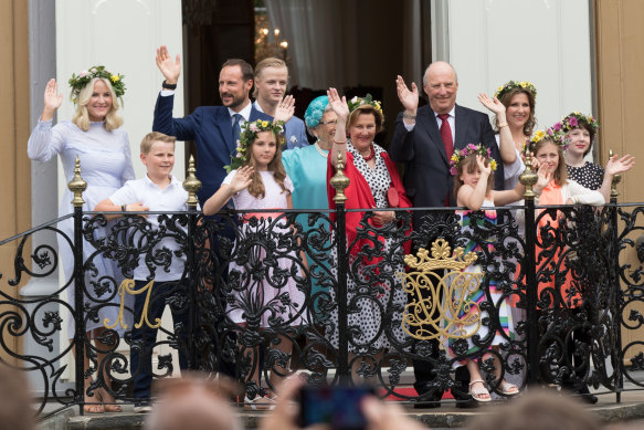 The Norwegian royal family, pictured in 2016, is headed by King Harald V (in the red tie).