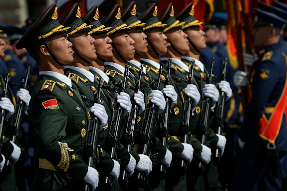 China’s servicemen take part in the Victory Day military parade in Moscow on May 9.