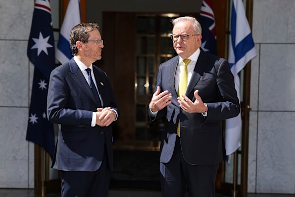 Israeli President Isaac Herzog meets with Prime Minister Anthony Albanese in Canberra in February.
