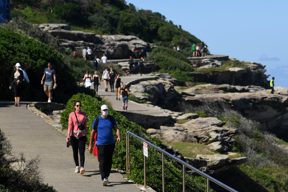 People seen on the Bondi to Bronte coastal walk in Sydney's eastern suburbs on Sunday.