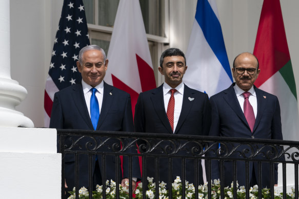 Israeli Prime Minister Benjamin Netanyahu, left, United Arab Emirates Foreign Minister Abdullah bin Zayed al-Nahyan, and Bahrain Foreign Minister Khalid bin Ahmed Al Khalifa.