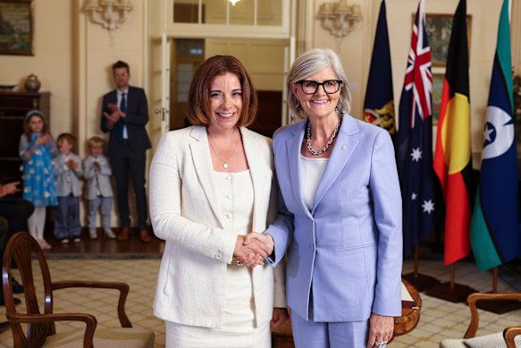 Minister for Communications and Minister for Sport Anika Wells being sworn in this week by Governor-General Sam Mostyn. 