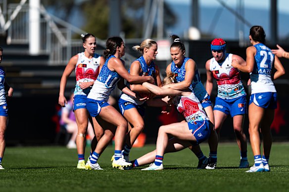 Jumper clash: The Roos and Bulldogs wore very similar jumpers on Saturday.