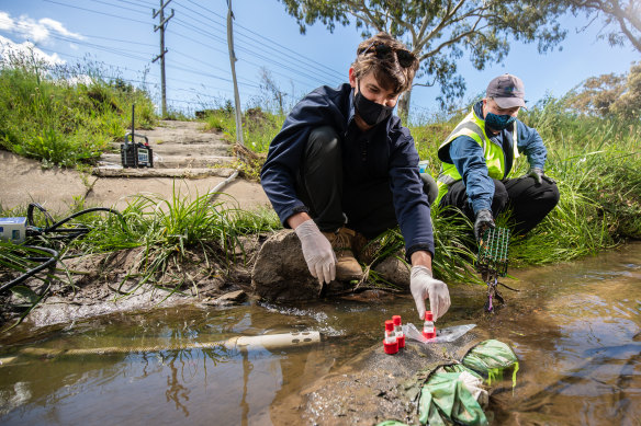 EPA scientist Simon Sharp (left) and Bio2Lab consultant scientist Dave Sharley (right) testing water at Merlynston Creek in Coolaroo.