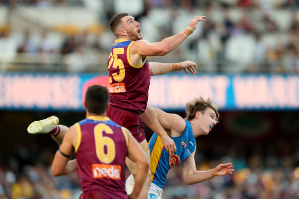 Daniel McStay flies high in Brisbane’s win.