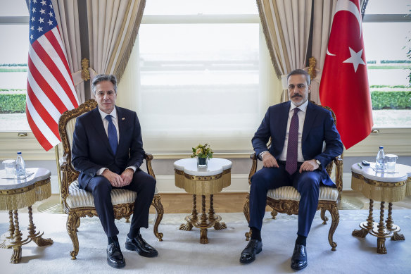 US Secretary of State Antony Blinken (left) sits with Turkish Foreign Minister Hakan Fidan in Istanbul.