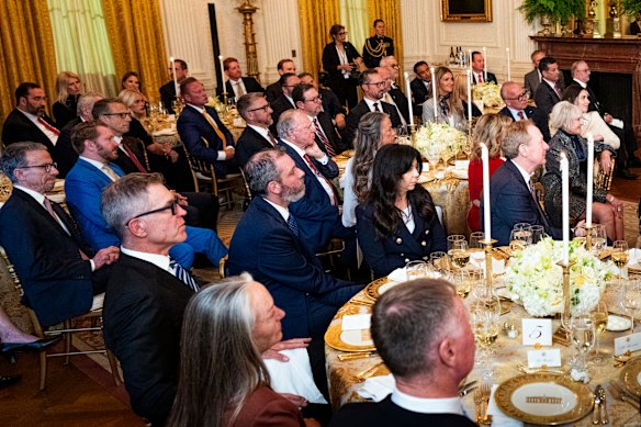 Harold Hamm (centre) at a fund-raising dinner for President Trump’s ballroom at the White House in Washington.