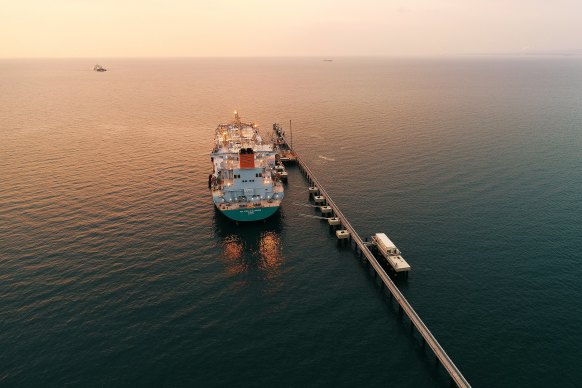 A ship transports liquefied natural gas.
