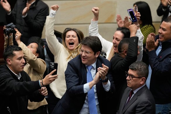 Miguel Uribe Turbay, centre in a blue tie,  was shot on Saturday.