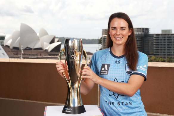 Sydney FC captain Natalie Tobin with the A-League Women’s grand final trophy.