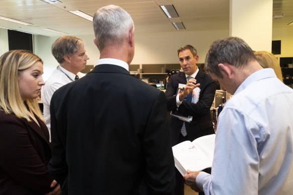 Treasurer Jim Chalmers visits Herald journalists during the budget lock-up on May 9.