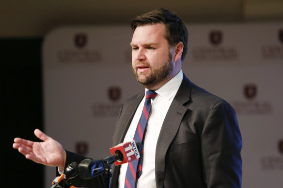 Vance speaks to reporters following a debate with other Republicans at Central State University in Wilberforce, Ohio, in March 2022.