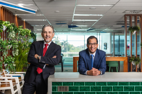 Retiring TechnologyOne founder and chairman Adrian Di Marco (left) and chief executive Edward Chung. 