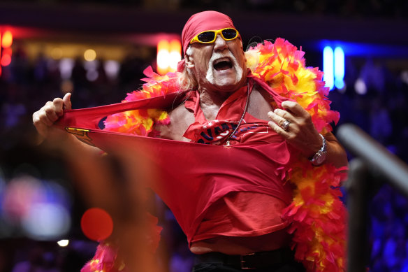 Hulk Hogan ripped his shirt on stage while warming up the New York crowd for Donald Trump on Sunday.