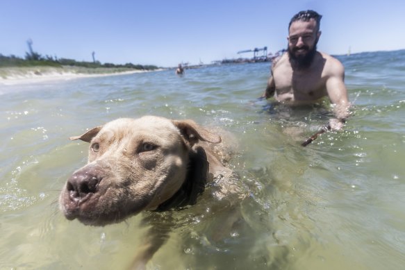 James Sciuriaga with his pup Thor at Foreshore Beach.