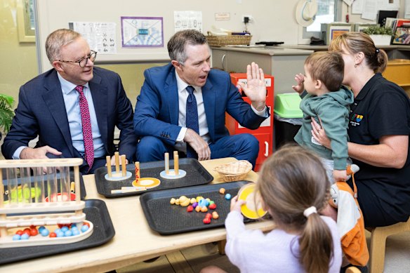 Prime Minister Anthony Albanese and Education Minister Jason Clare during a visit to the KU Queanbeyan South Early Learning Centre. The not-for-profit provider said some parents have been spooked by the sex abuse scandal. 